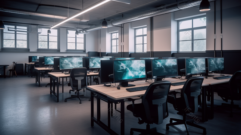 拥有一排排的电脑桌投影仪屏幕的多媒体教室,高清,摄影图,摄影图片,图片大全,摄影图免费下载